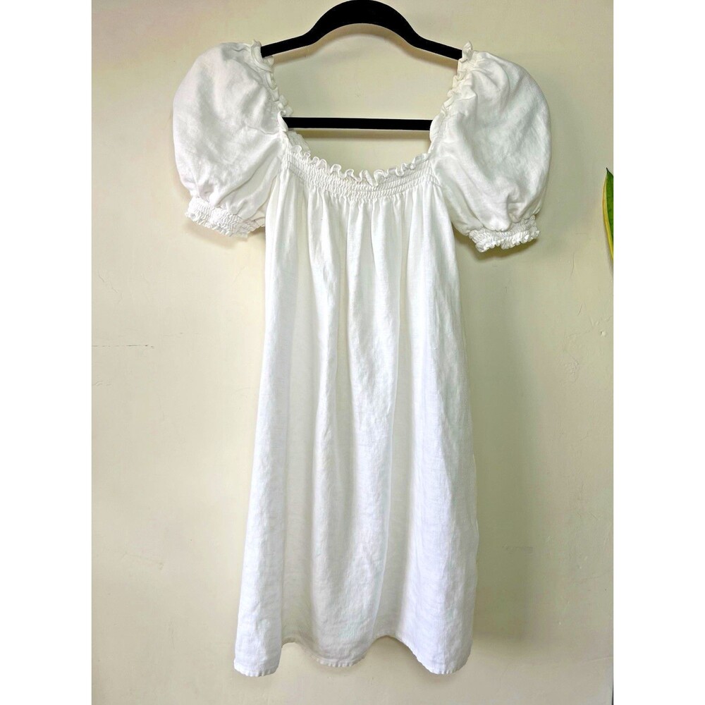 Reformation White 100% Linen Smocked Square Neck Puff Sleeve Midi Dress Small